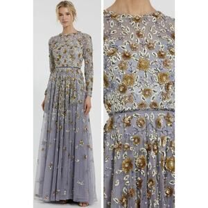 MAC DUGGAL 6 Embellished High Neck Long Sleeve A Line Gown 5533 Platinum GoldNWT